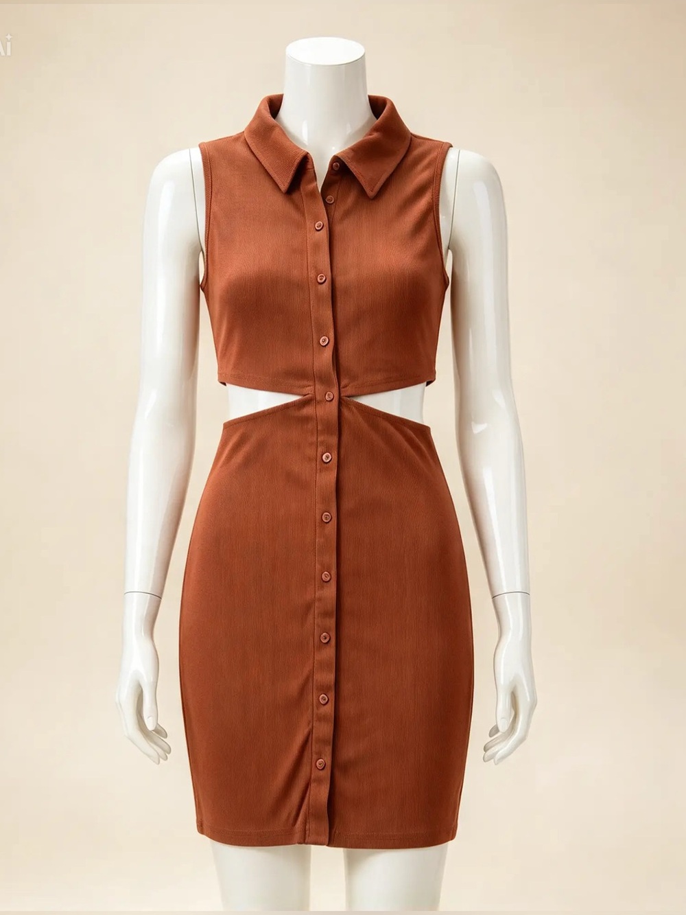 SHEIN Rust Collared Cutout Button-Front Mini Dress